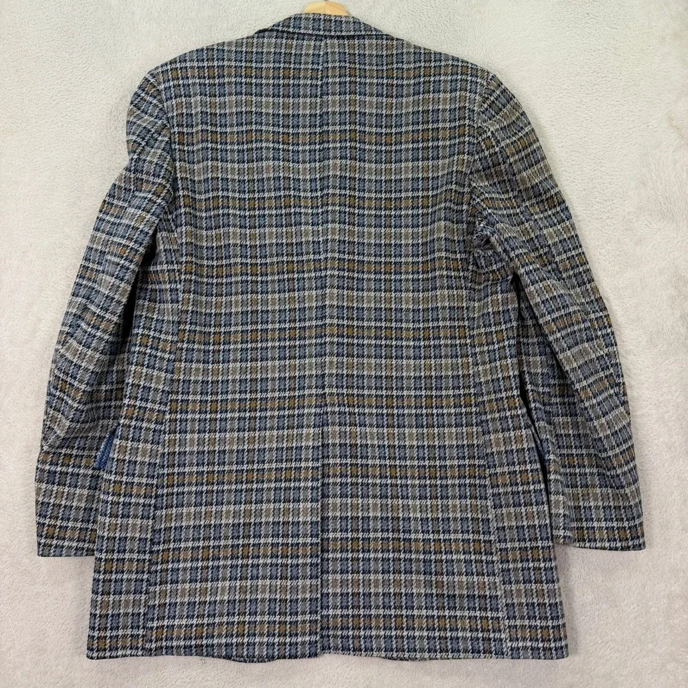 Vintage Sears Men 44XL Travelknit Blazer The Mens Store Blue Brown Plaid 70s USA